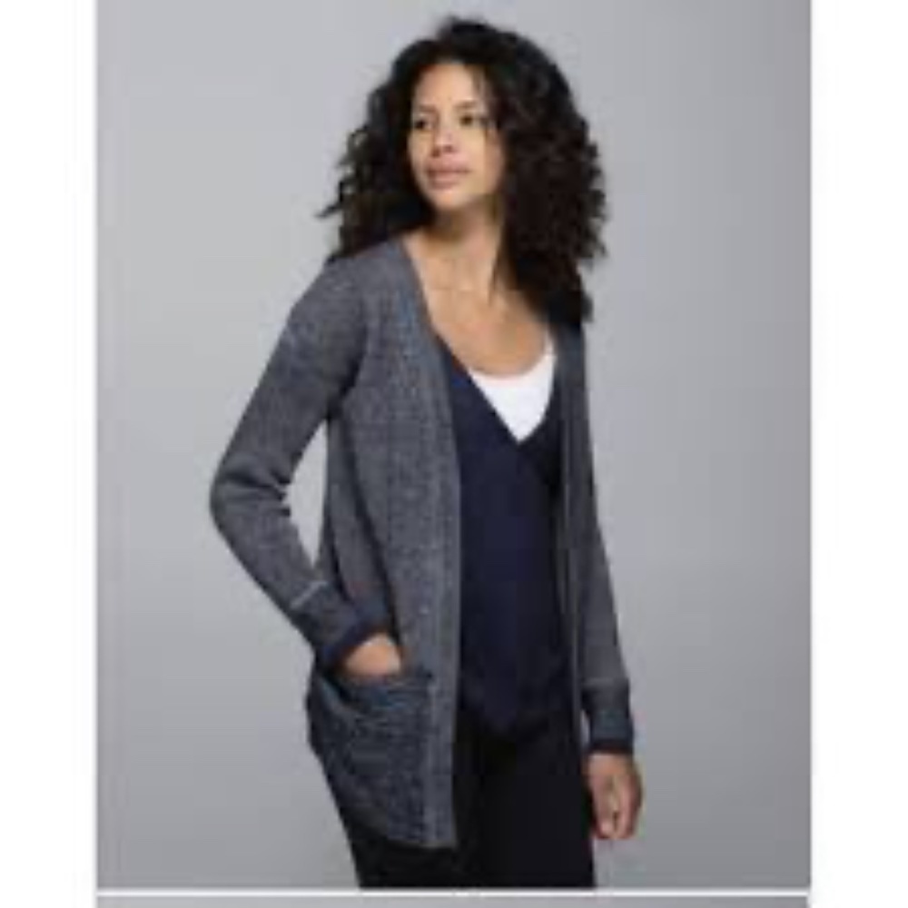 Lululemon Vestigan Chunky Rib Knit Open Sweater Cardigan 6 Navy Thumb Holes Rib